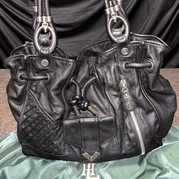 Lockheart Black Leather Purse Bag Satchel Rocker Metal Hardware Zippers Pockets - Picture 1 of 16